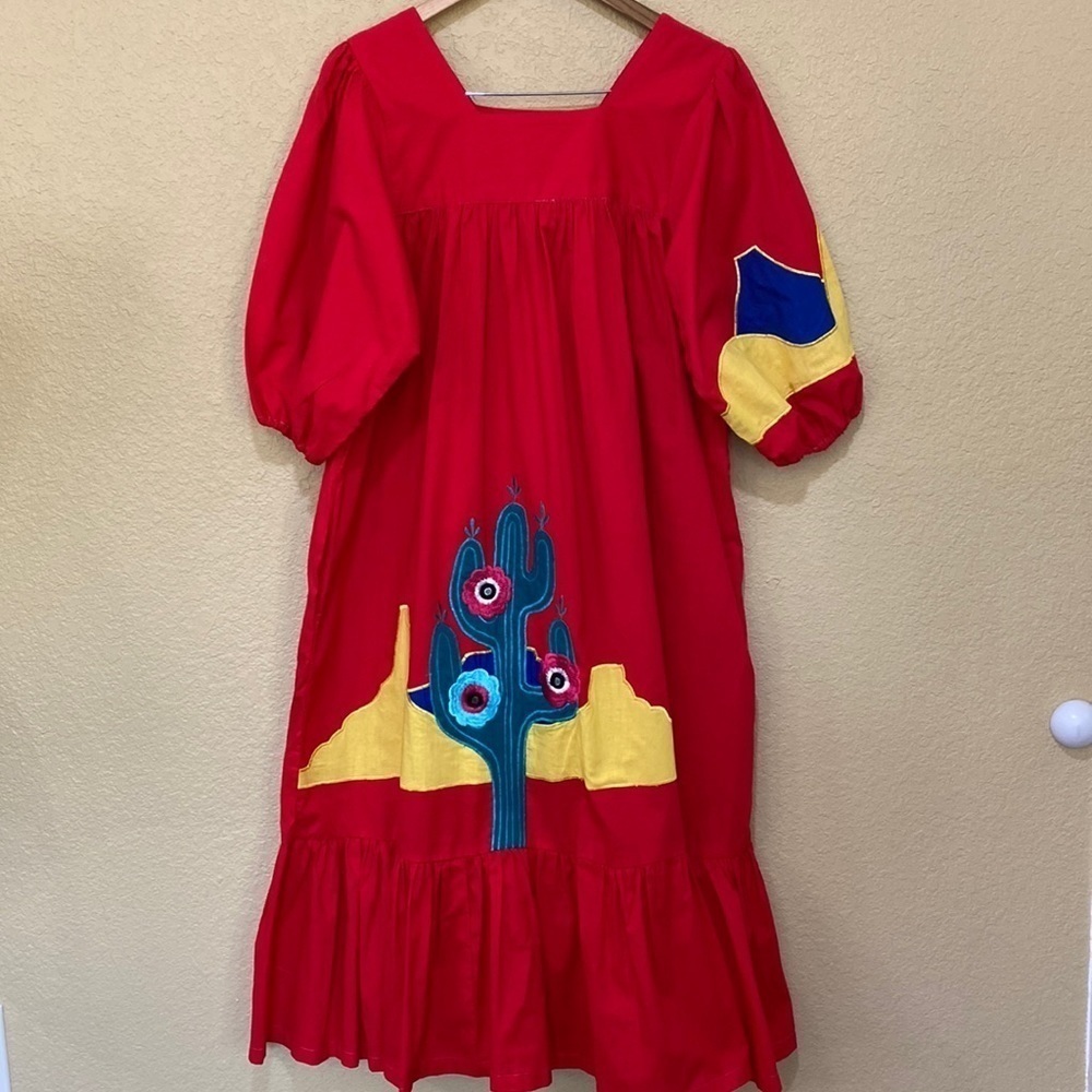 VINTAGE Raquel Unger Cotton Cactus Print Dress with Pockets - Picture 2 of 8